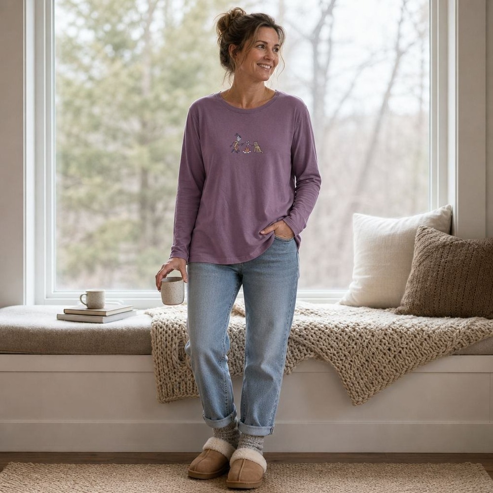 Life is Good Graphic Tee Women XL Purple Happy Hour Campfire Dog Long Sleeve